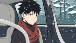 Megumi Fushiguro | Jujutsu Kaisen a guy with disheveled black hair an anime character is sitting in a car wearing a scarf. It's snowing outside and it's nighttime. Everything is pale and dreary