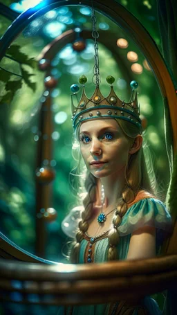 face portrait of elf-quest princess on a swing inside a boat crystal ball hanging from a tree in the mountain, in the style for Richard and Wendy Pini , shot on Hasselblad h6d-400c, zeiss prime lens, bokeh like f/0.8, tilt-shift lens 8k, high detail, smooth render, down-light, unreal engine, prize winning