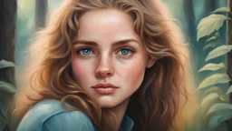 portrait réaliste d'une jeune femme. chaleureux, yeux bleu-vert, mignonne, dans la nature.