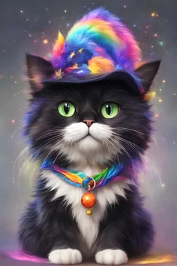 a cute character rainbow cat, has black fluffy hair with a rainbow pattern, the cat is a sorceress, has a magical witch hat on head, which looks photorealistic, celebrating new year , happy