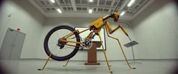 pinhole cam, airbrush 3d rendering, integrated_multimodal_description: [Shot 1] A five-second cinematic single take in a clean industrial presentation hall. A bizarre mechanically plausible bicycle machine stands beside a presentation podium, designed to look like a giant mechanical praying mantis. Two large bicycle wheels form its main body and four thin articulated mechanical legs support it. Two long folded mechanical front arms resemble mantis forelegs