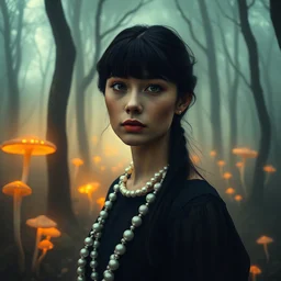 Le portrait d’une femme aux cheveux noirs, portant des perles, se tient dans un mystérieux chemin forestier, elle regarde la caméra, brouillard dense, champignons rougeoyants, esthétique enchanteresse et surréaliste. Œuvres d’art Fantasycore. Des coups de pinceau vibrants. Un éclairage doux et doré. Couleurs chaudes, cinématique, contraste élevé, résolution 8k, chef-d’œuvre, Anna Dittmann, Daniel Merriam, Erin Hanson, Alberto Seveso, Jeremy Mann, Jean Baptiste Monge