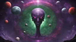 matrix universe, space, planets, god creation. purple, dark green and red, aliens from other dimensions of time