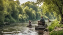 A fisherman fishing on the river bank with a rod next to his young daughter in the Middle Ages