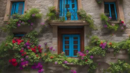 Facade of an Old Stone House Adorned with Climbing Passion flowers, Colorful, Vibrant Hues