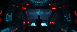 Inside a dark command chamber aboard a broker ship, a mysterious holographic transmission orders a secret delivery. Several worried space brokers stand around a glowing navigation table while an unknown station appears beyond the normal trade routes. Outside the viewport endless stars stretch into darkness. The room is lit only by red emergency lights and holographic projections. Suspenseful cinematic lighting, realistic science fiction, ultra detailed, high contrast, atmospheric, concept art.,