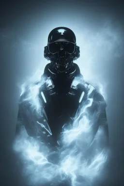 All black British soldier, high tech skull special forces helmet, shiny platinum helmet, white smoke, dark, rage, sorrow, high definition, ultra 8 k, volumetric lighting, blue fire, fog