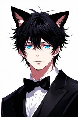 An attractive man with bright blue eyes, messy black hair, cat ears on his head, dressed like a butler.