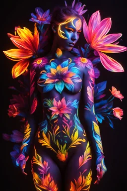 Art flowers body painting neons glowing light in the dark and colorful details