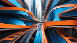 (hustle and bustle:55), (loop kick:20), (deconstruct:28), retro futurism style, urban canyon, drone view, smooth curves, swirl dynamics, great verticals, great parallels, amazing reflections, excellent translucency, hard edge, colors of metallic orange and metallic steel blue