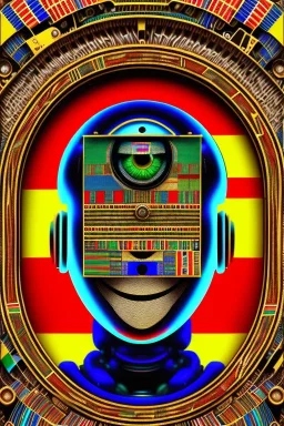 robot portrait in Kente, rusted clock eyes, cinematic, ghana flag, african pattern symbols, engraved, 8k quality