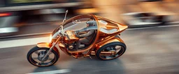 seen from above, tattoo style, motion blur, airbrush art, elon musk riding inside an awesome standing cyberpunk trike spaceship in copper with wing doors, fast one in the shape of a transparent snail , now its gonna do an awesome gig , bokeh like f/0.8, tilt-shift lens 8k, high detail, smooth render, down-light, unreal engine, prize winning