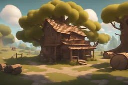a single village house with two levels and a small warehouse in the back, under a big oak tree in the style of a 3d modeled point and click adventure game