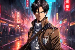 levi 8k anime sci-art drawing style, attack on titan them, neon effect, close picture, rain, apocalypse, intricate details, highly detailed, high details, detailed portrait, masterpiece,ultra detailed, ultra quality