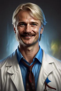 Mid-thirties, Caucasian male doctor, kind smile, blonde hair (slightly disheveled) blonde mustache, pale blue eyes, broad shoulders, muscular, six foot, Hawaiian shirt under white lab coat (with blood stains around the edges) , Strong Jaw line, encroaching shadowy tendrils, photo realistic, fantasy