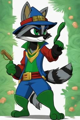 Make a Sly Cooper oc. He is a raccoon with sleek, charcoal-gray fur and emerald-green eyes. He has a sly and mischievous expression, with a black mask-like pattern around his eyes. He wears a tattered, dark blue bandit's outfit with a red sash and a feathered hat that adds to his roguish charm. He also sports a leather pouch at the base of his tail for carrying stolen treasures.