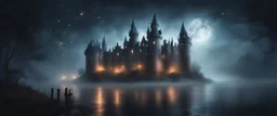 Hyper realistic huge haunted castle in a heavy foggy night with fireflies between an ocean