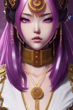 Detailed cute anime Kunoichi green eyed girl, brown hair buns, purple bangs, latex bodysuit, intricate details, full body portrait, keep head in frame, slight smile, black Japanese motif, concept art, highly detailed, digital painting, concept art, sharp focus, illustration, art by Yoji Shinkawa, WLOP and greg rutkowski and alphonse mucha and artgerm and yanjun Chen and Junji ito and Makoto Shinkai, HDR, octane render