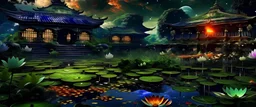my dreams . In the garden my mind bows . meditation . Lily pad garden Japan , The ruins of a village in the midst of thunderbolts in the jungle , mountains. space color is dark , where you can see the fire and smell the smoke, galaxy, space, ethereal space, cosmos, water, panorama. Palace , Background: An otherworldly planet, bathed in the cold glow of distant stars. Northern Lights dancing above the clouds in Finland.
