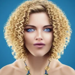 Beautiful portrait of a beautiful lady with blond curly hair, small nose, big blue eyes, wearing a blue hoodie and a gold neckless on her neck. highly detailed and realistic