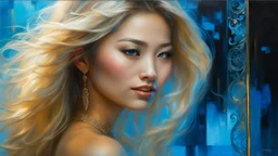 In Casey Baugh's evocative style, art of a gorgeous young smiling asian woman with long blonde hair, blue eyes , beautiful breast, and ass, futuristic, transparent blue lace, elegant, highly detailed, majestic, Baugh's brushwork infuses the painting with a unique combination of realism and abstraction, greg rutkowski, surreal gold filigree, broken glass, (masterpiece, sidelighting, finely detailed beautiful eyes: 1.2), hdr, realistic painting, natural skin, textured skin, crystal eyes,