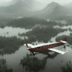 airplane abandoned between moutain, swamp, water, glass, fog, highly realistic, highly detailed, intricate, 8k