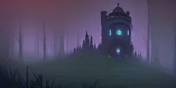 Ruined abandoned overgrown small castle tower in a dense coniferous forest, night, misty, atmospheric, fireflies