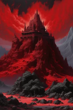 A dark red explosive volcanic palace painted by Frank Wilson