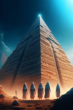 Egyptians with the hair standing straight up in front of pyramid of Babel. 4 k, down light, depth of field, trending art, spray paint, high detail, fantasy art, alien connection, future tech