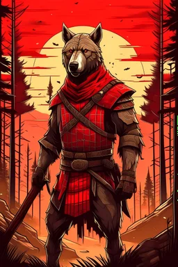 Animal warrior in red dead redemption style with forest after war background