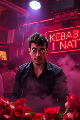 An spanish Guy with big eyes "Enrique" performing at dance club, his name is "Enrique" Red roses On stage, red Neon lights and smog, and "Din KEBAB I NATT" big sign on the wall