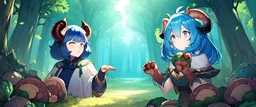 Two Girl goat horns, blue hair, clearing in forest, goat foot, cabbage in hand , hoof foot