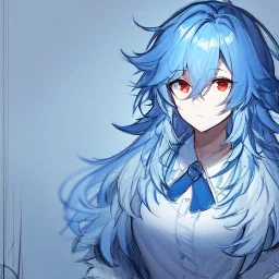 Clear focus, High resolution, rough line sketch art, blue hair, fluffy hair, between eyes, red eyes, no light in eyes