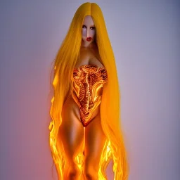 woman made of fire, fire angel, fire clothes, full body portrait, long flowing yellow hair, highly detailed, real life photo, photo quality, extremely detailed, highly detailed, 8K, crisp quality, looking at me