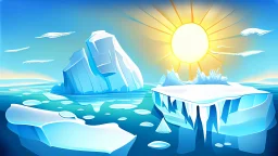 cartoon illustration: nature with icebergs and frozen sea, sun in the sky