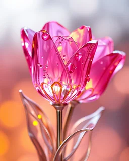 A 3D transparent glass tulips with intricate design: crystalline petals reflect pink, purple, and gold hues with gemstone-like edges and water droplets. A metallic stem and leaves, along with blurred warm gradients, evoke a futuristic, ethereal fantasy atmosphere