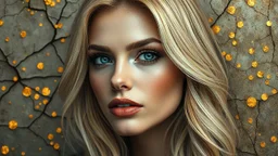 Portrait of beautiful glamorous blonde woman, textured and cracked paintings with golden spots, 3D, 8K, best quality, fine rendering, high detail, hyperrealism, high resolution, high definition, multi-layered, highest focus, hyper sharpness, hyperfocus, vignette
