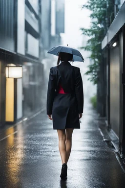 Japanese office female employee coming back from a inonder rain