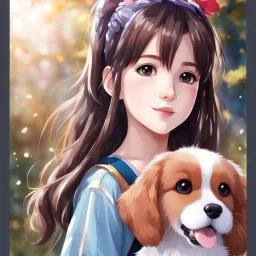 very beautiful realistic anime 10 years old girl with a furry Dog