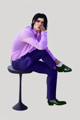 A guy with black hair, sitting on a chair, wearing a beautiful white shirt with pleats. in trousers with pleats