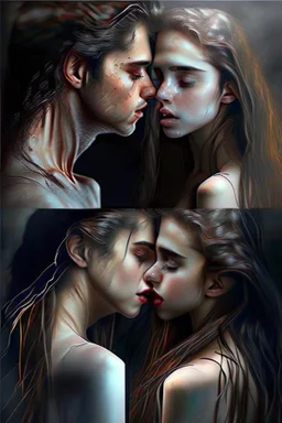 Style: image transformation with changing features, standing, intimate feelings and kissing, high realism, realistic relationship features, professional details sexually realistic, person for can give it back to the daughter is sick and forth with the Style of fantasy havesexactly how it