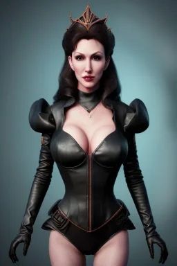 Brandi Love as evil queen in black leather, leather, busty, cleavage, angry, stern look. character design by cory loftis, fenghua zhong, ryohei hase, ismail inceoglu and ruan jia. unreal engine 5, artistic lighting, highly detailed, photorealistic, fantasy