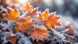 photo of autumn leaves covered in a frosty frost casing, bright side lighting, blurred background