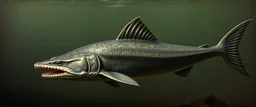 master oil painting by Rembrandt, good afternoon Lurkfin "A sleek aquatic predator with jagged dorsal fins and razor-edged tail, mottled gray-green skin blending with murky waters, needle-like teeth, eyes that pierce the surface, body coiled like a spring, ready to strike suddenly."