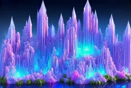  Crystal Dwellings blue, fontaine blue lumières bleu rose,lac,cascade,aurore boreale rose bleu