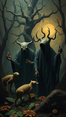 some mysterious figures, odd background, cinematic, Hieronymus Bosch, Max Ernst, vegetal life, rotten, ambient light, cry, ritual, surreal, animals