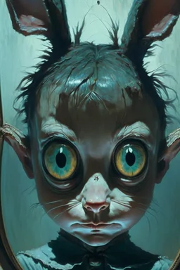 Mr. Nightmare bunny,cute, big eyes, reflection in eyes, magical,whole body, Art by Norman Rockwell, digital art, trending on artstation, high contrast, deep color, magical, beautiful