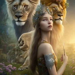 Young beautiful girl wearing floral crown with a stunning lion on nature forest path, Chronicles of Narnia, 8k resolution, high-quality, fine-detail, iridescent, intricate, digital art, detailed matte, volumetric lighting, beautiful, illustration, 3D octane render, brian froud, howard lyon, selina french, anna dittmann, annie stokes, lisa parker, greg rutowski,