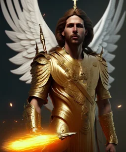 San Michael Archangel, male divine justice, head and shoulders portrait, 8k resolution concept art portrait by Greg Rutkowski, Unreal Engine 5 volumetric lighting