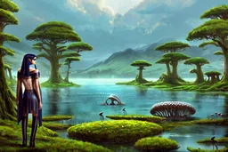 A skinny woman with a Cleopatra hairstyle, short skirt, and knee-high boots, looking out over a lake, in an alien forest, with tall cloud trees, flying mushrooms with octopus tentacles